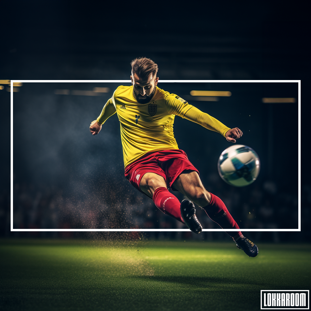 Professional footballer wearing Lokkaroom-branded attire, representing our innovative sports platform